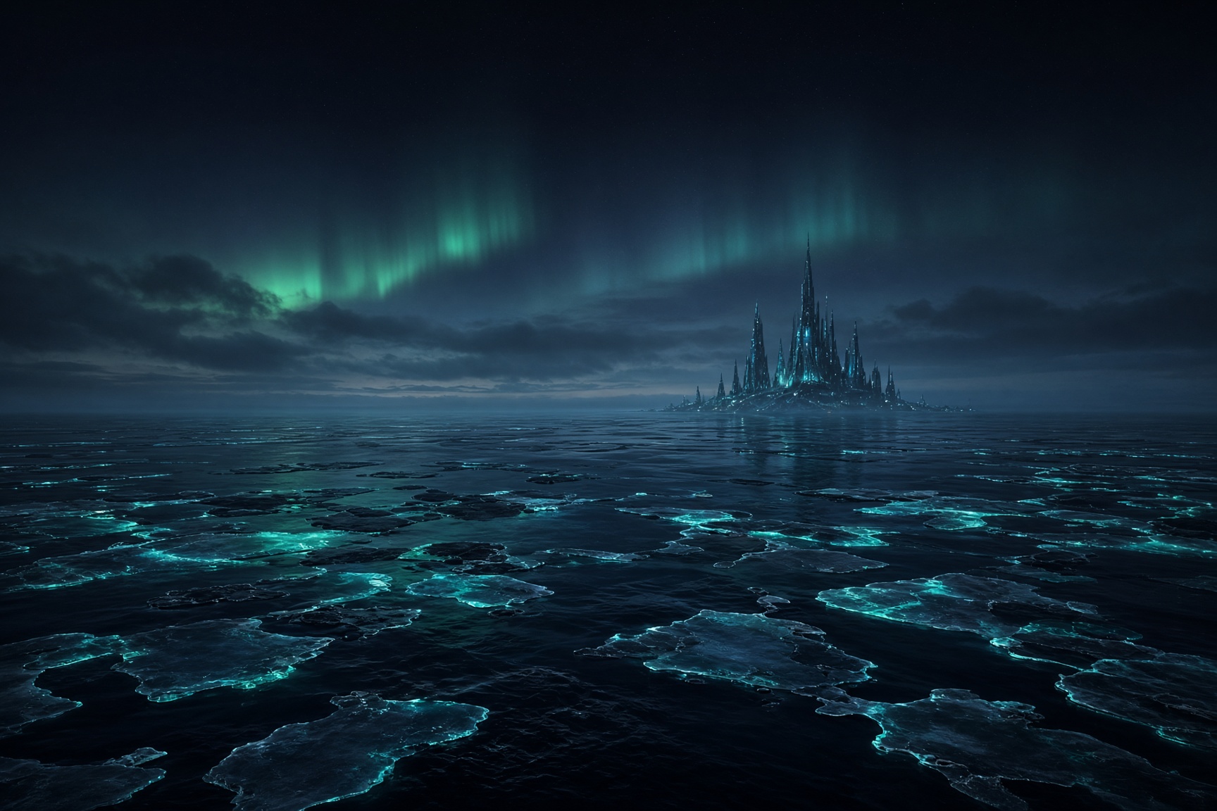 Nightside ice ocean with glowing floes and a distant spire