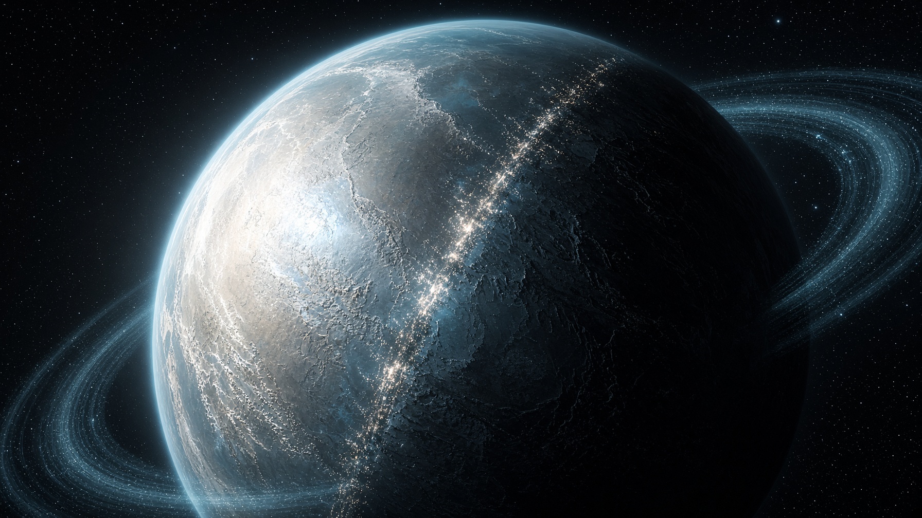 Vrania from orbit: a tidally locked world of glass desert, ice night, and a glowing twilight belt