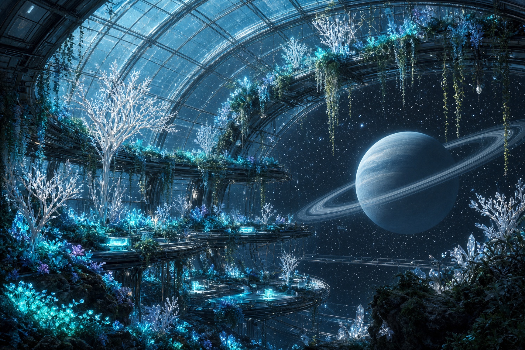 Orbital ring habitat with hanging gardens and a view of Vrania